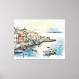 Lienzo barcos de pueblo costero italiano en un boceto de