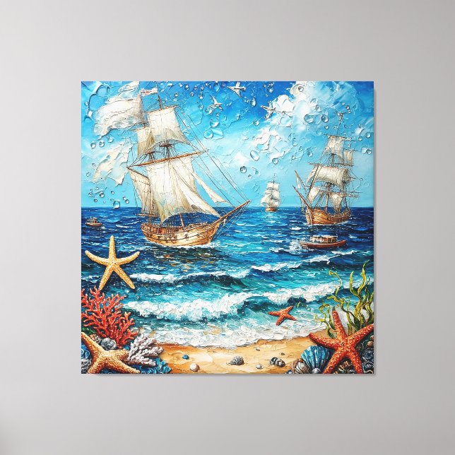 Lienzo Barcos de Vela y Vida Oceánica (Anverso)