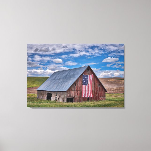 Lienzo Barn con bandera estadounidense | Colfax, Washingt (Anverso)