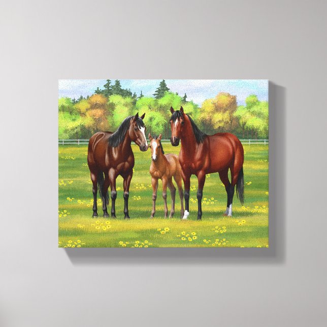 Lienzo Barrio Marrón De Caballos En Pasto De Verano (Anverso)