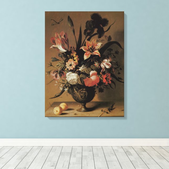 Lienzo Barroco Vintage, Bodegón Floral Flores en Jarrón (Insitu (piso de madera))