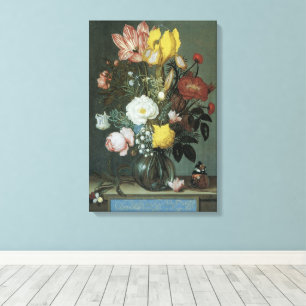 Lienzo Barroco Vintage, Ramo de Flores en Florero de Vidr