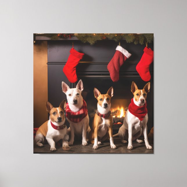 Lienzo Basenji junto a la chimenea Navidad (Anverso)