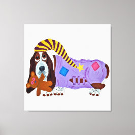 Lienzo Basset Hound con pijama y oso de peluche