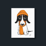 Lienzo Beanie Dog | Cute Piebald Dachshund<br><div class="desc">Dibujo de estilo personalizado de un Piebald Dachshund blanco, morado y negro, con una abeja naranja y una bufanda. Una divertida imagen de lienzo para cualquiera que ame los perros más limpios. Visita el mundo Doodle de Jenn para ver aún más ilustraciones de arte animal y amante de los perros....</div>