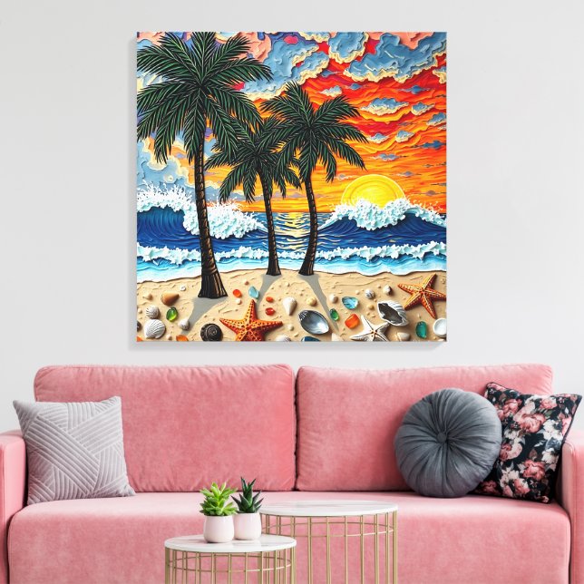 Lienzo Beautiful Beach Scene with Palm Trees (Insitu (Sala de estar))
