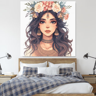 Lienzo Beautiful Floral Anime Girl – Soft Pastel Aesthe