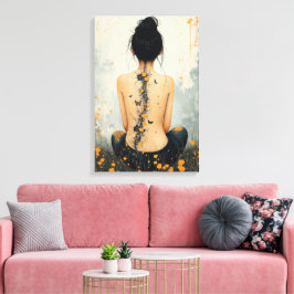 Lienzo Beautiful Woman, Ink, Wildflowers and Butterflies
