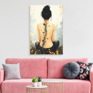 Lienzo Beautiful Woman, Ink, Wildflowers and Butterflies