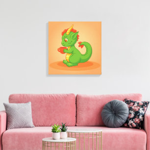 Lienzo Bebé dragón lindo sosteniendo taza sobre naranja