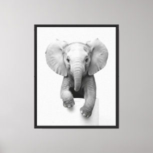 Lienzo Bebé Elefante Blanco y Negro se Asoma sobre el Pap