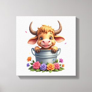 Lienzo Bebé lindo de vaca de las Highlands con flores Ter