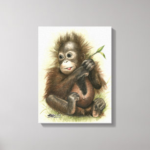 Lienzo Bebé Orangután Con Hojas