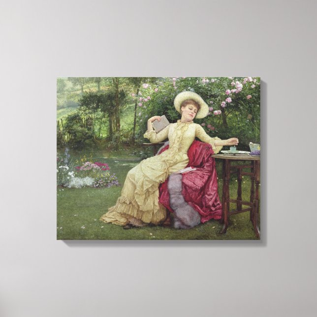 Lienzo Beber café y leer en el jardín (con (Anverso)