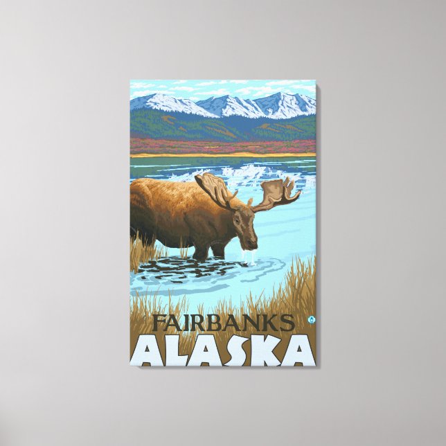 Lienzo Beber de alce en el lago - Fairbanks, Alaska (Anverso)