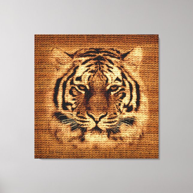 Lienzo Bella Artes de tigres en jute rústico en Burlap (Anverso)