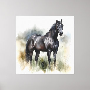 Lienzo bello stallion negro en un prado en acuarela