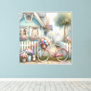 Lienzo Bici de Flor Rosa en la Puerta de la Cabaña Azul