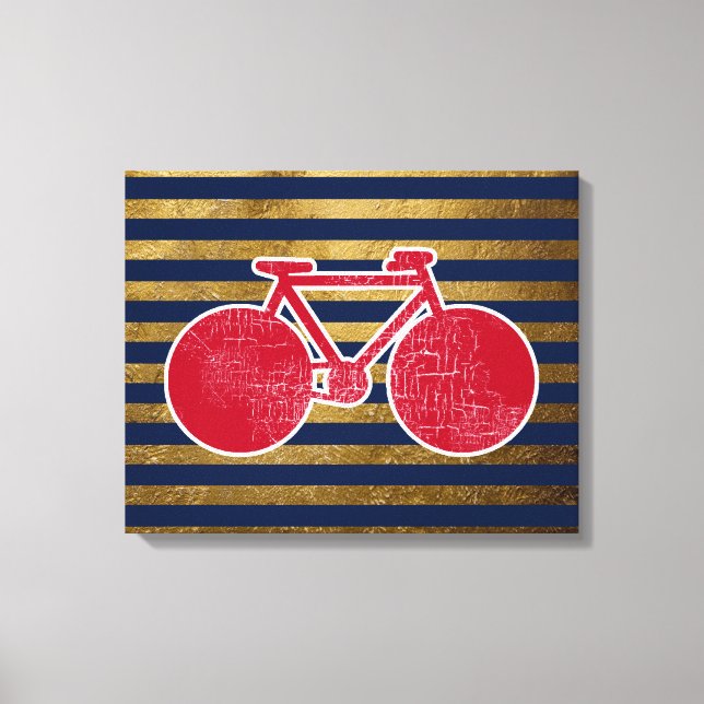 Lienzo bicicleta roja y rayas de oro/azules (Anverso)