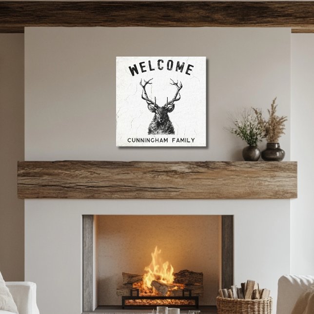 Lienzo Bienvenida del venado blanco negro rústico (Rustic Black White Deer Monogram Canvas Print)