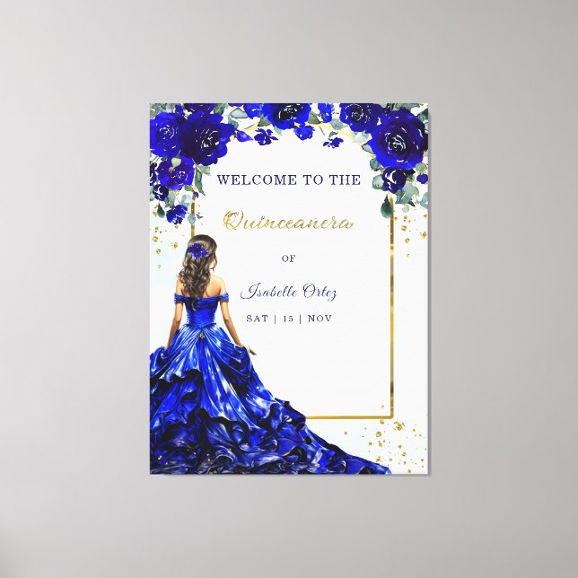 Lienzo Bienvenidos a Quinceañera Azul Real y Oro (Anverso)