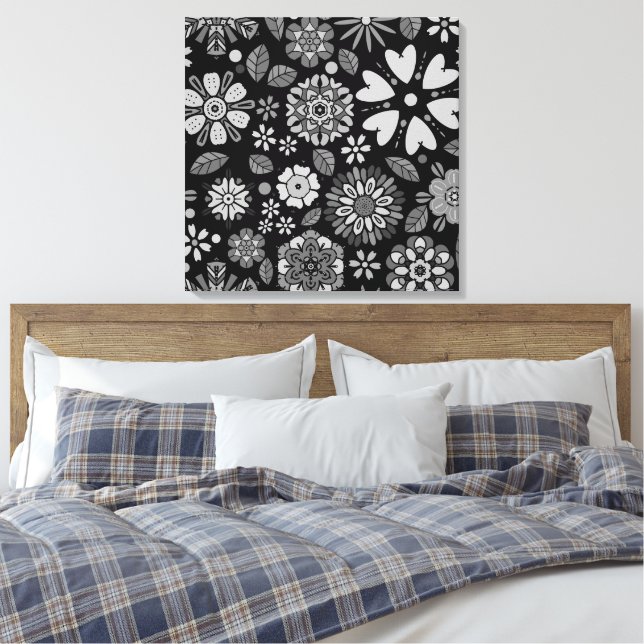 Lienzo Black And Gray Retro Floral Art Seamless Pattern (Insitu(Dormitorio))