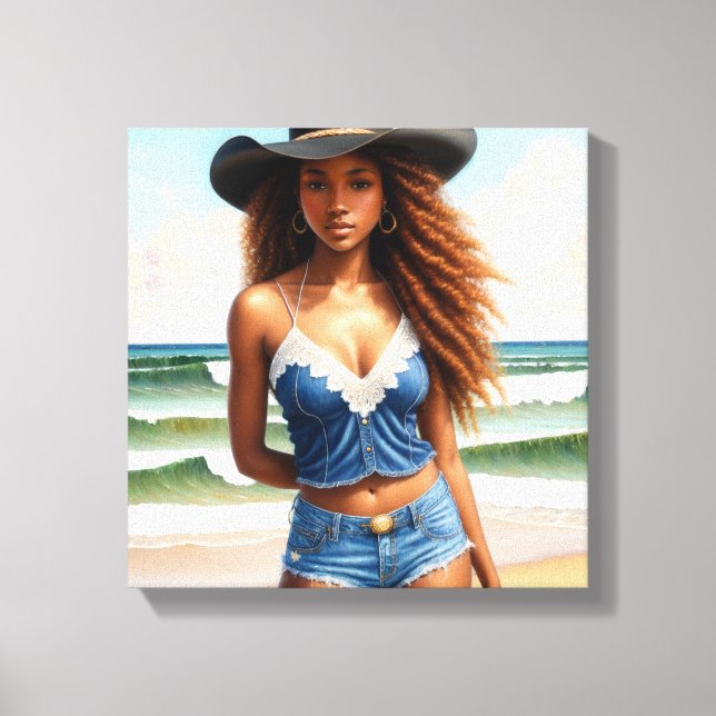 Lienzo Black Cowgirl Copper Hair Beach (Anverso)