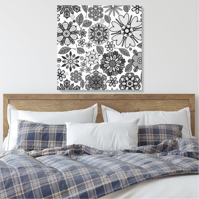 Lienzo Black Gray White Retro Floral Art Seamless Pattern (Insitu(Dormitorio))