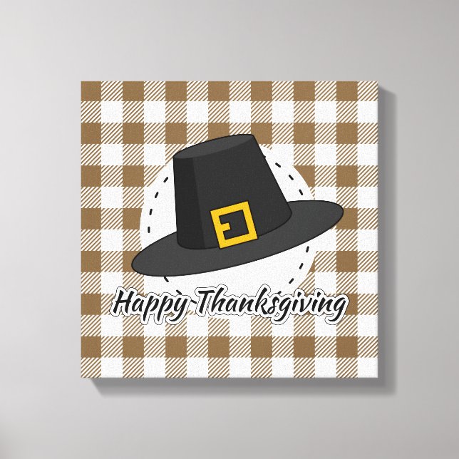 Lienzo Black Pilgrim Hat on Brown Plaid - Thanksgiving (Anverso)