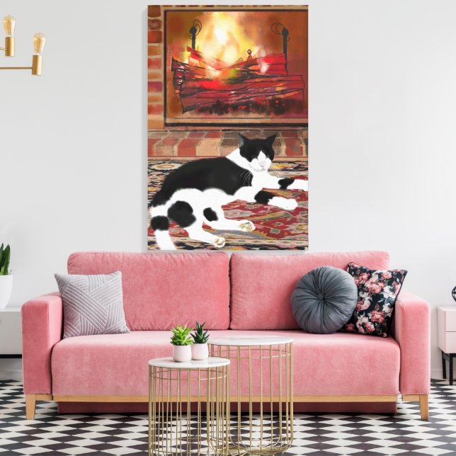 Lienzo Black White Cat Lying front of Fireplace  (Insitu (Sala de estar))