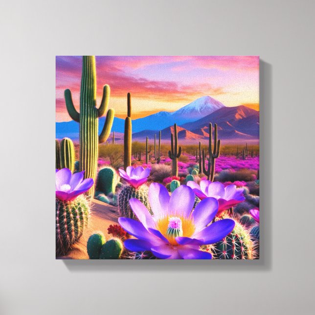 Lienzo Bloom del desierto: Flores de cactus al amanecer (Anverso)