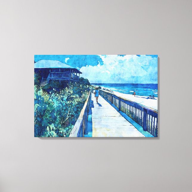 Lienzo Blue Boardwalk Stroll Beach Watercolor Canvas (Anverso)