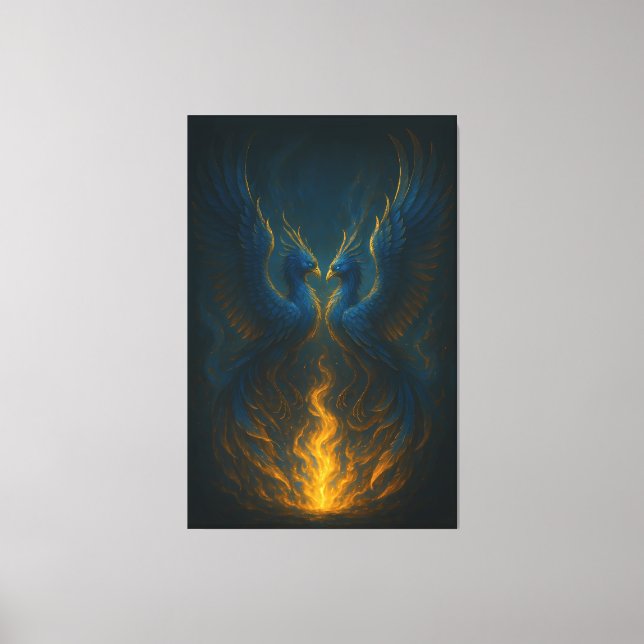 Lienzo Blue Flame Phoenix Twins – Fine Art Mythical Bird  (Anverso)