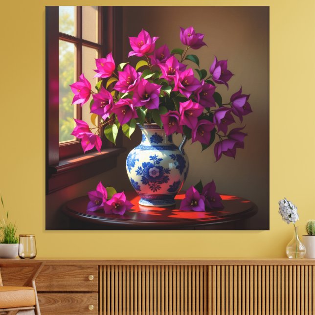 Lienzo Blühende Eleganz – Bougainvillea in Porzellanvase (Insitu (Sala de estar))