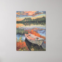 Lienzo Boat at Sunset: Realistic Lake Reflection wall Art