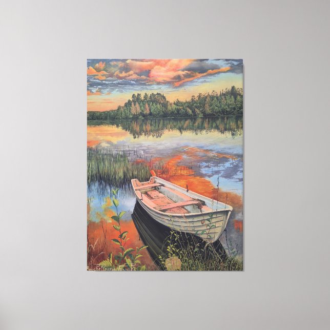 Lienzo Boat at Sunset: Realistic Lake Reflection wall Art (Anverso)