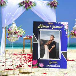 Lienzo Boda Azul Floral Bienvenida Rótulo de tela estirad