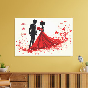 Lienzo Boda Romántica en Rojo Silueta de Novia y Novio