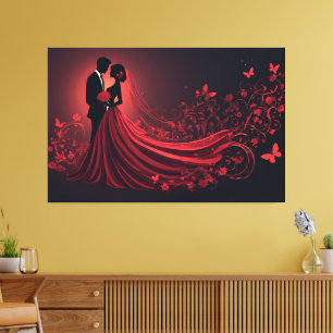 Lienzo Boda Romántica en Rojo Silueta de Novia y Novio