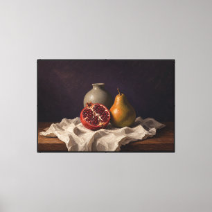 Lienzo Bodegón de frutas de granada y pera
