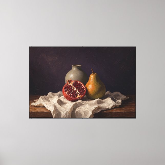 Lienzo Bodegón de frutas de granada y pera (Anverso)