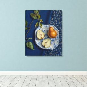 Lienzo Bodegón de pera Textil Azul Pintura al óleo