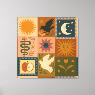 Lienzo Boho Celestial   Sol y luna retro