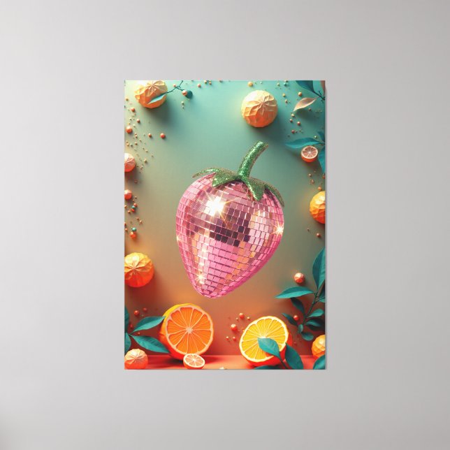 Lienzo Bola de Discoteca Groovy Fresa Fruta Pop Art Pared (Anverso)