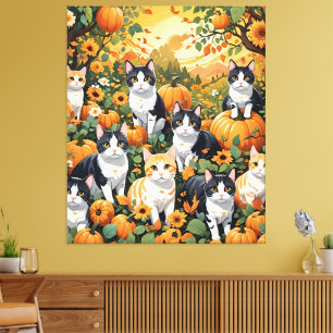 Lienzo Bonitos Gatos Y Calabazas En Temporada Otoño