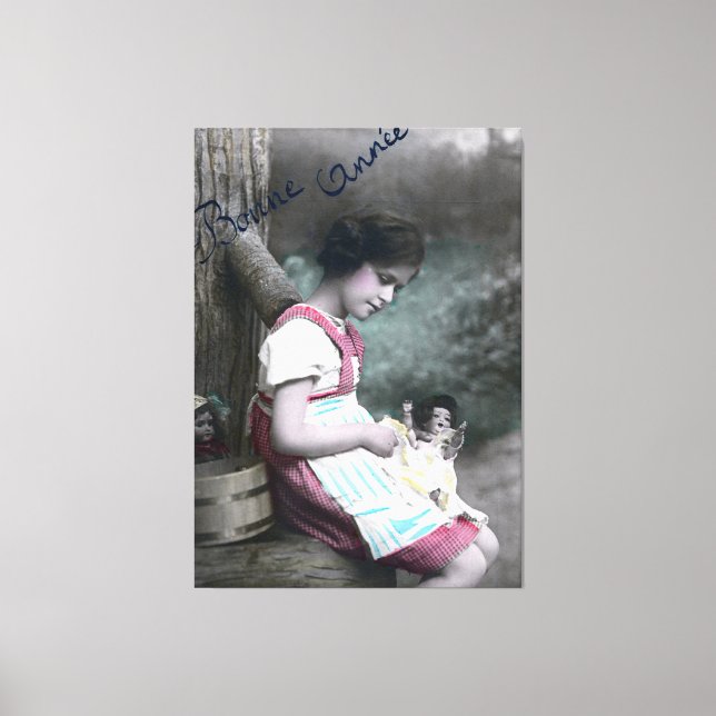 Lienzo Bonne Année Vintage Chica con muñeca (Anverso)