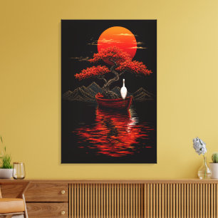 Lienzo Bonsai del Atardecer Carmesí – Paisaje Zen Japonés
