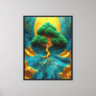 Lienzo Bonsái Dorado Claro de Luna – Cascada Teal Zen Mur