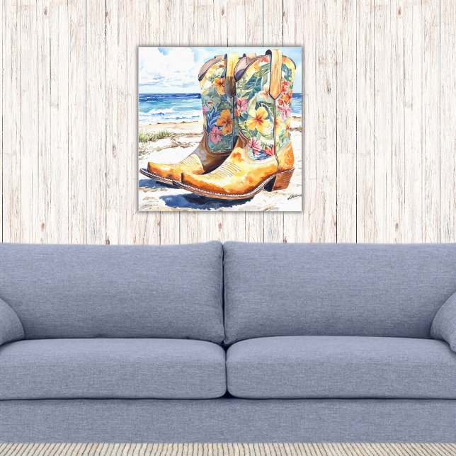 Lienzo Boots de gallina con acuarela floral hawaiana (Tropical Hawaiian Floral Patterned Cowgirl Boots on the Beach Western Canvas Print)