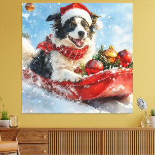 Lienzo Border Collie Perro en Trineo Deja que Nieve Navid